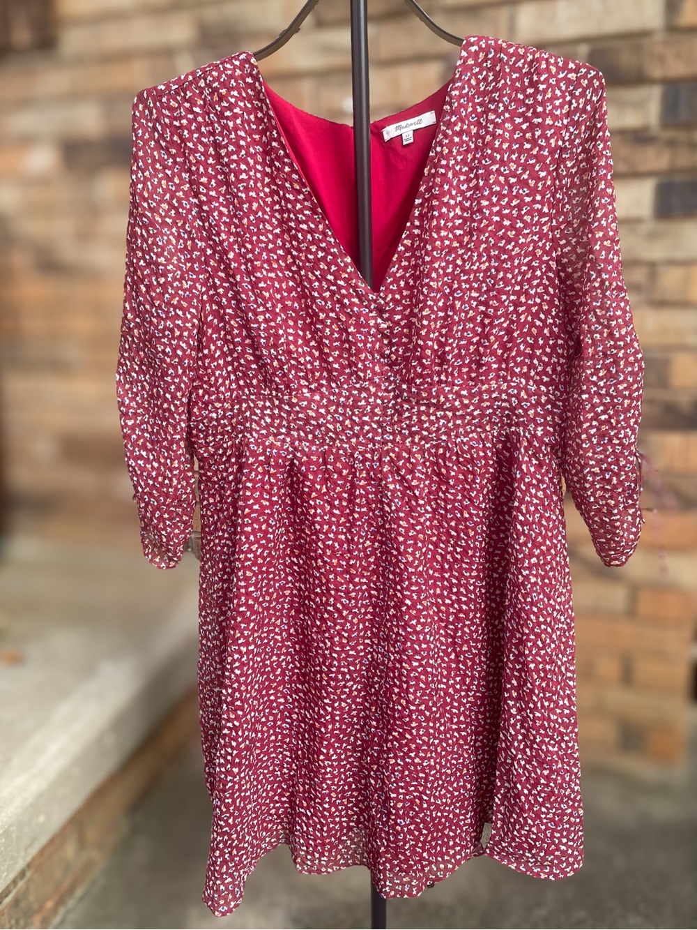 Madewell Floral V Neck Midi Dress Ruched Sleeve Berry Size 12